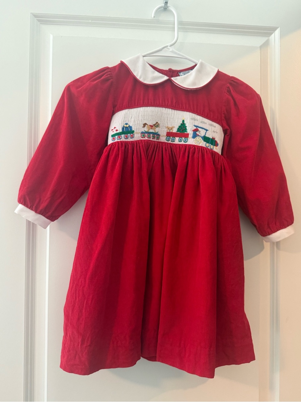 Carriage Boutique Red Dress with White Collar and Festive Smocking